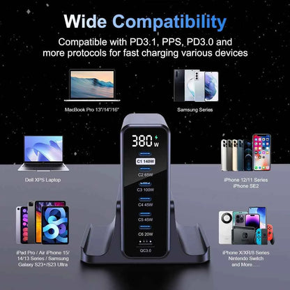 Ubigbuy 380W GaN USB C Charger PD 3.1 140W 100W PPS 45W Fast Charging Station LCD Display for iPhone 15 Samsung MacBook Pro/Air