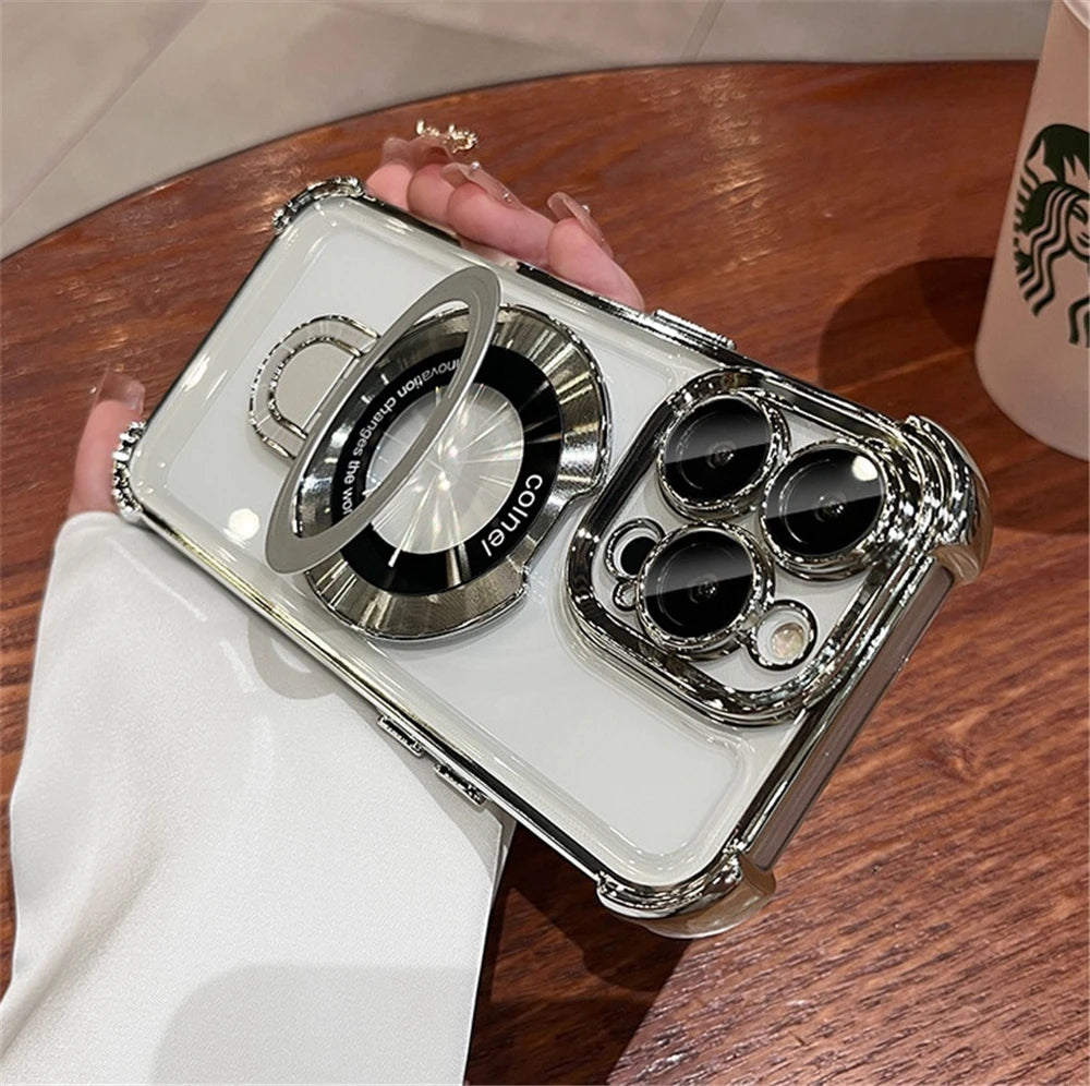 For iPhone 16 Pro Max Luxury Transparent Holder Stand Plating Frame Phone Case For iPhone 13 14 15 Plus 17 Air Protective Cover