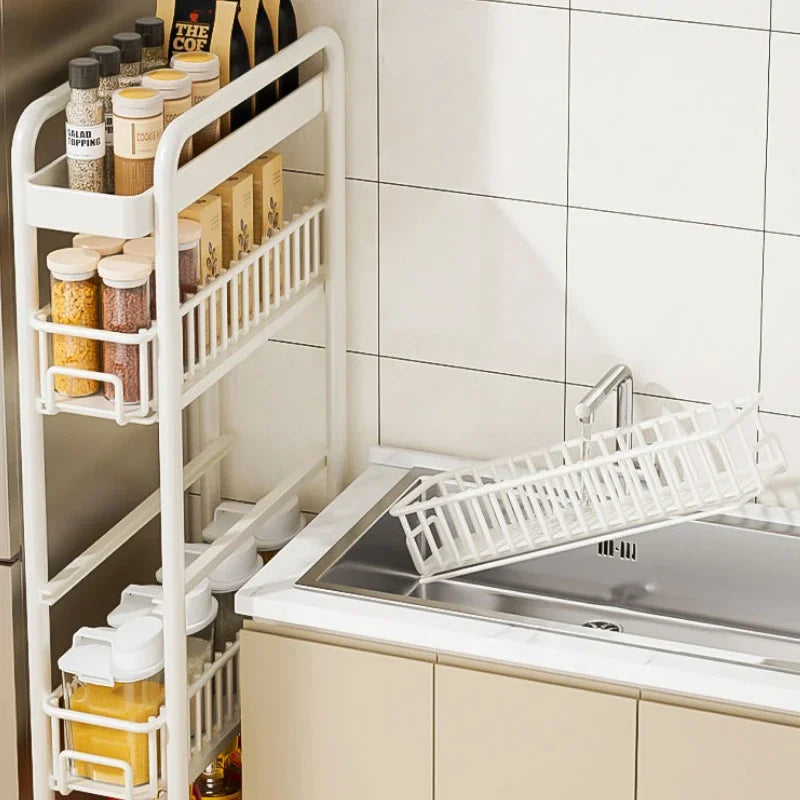 Side of Refrigerator Storage Rack Ultra Narrow Pull-out Seasoning Rack Multifunctional Bathroom Shelf with Pulley Kitchen Cart