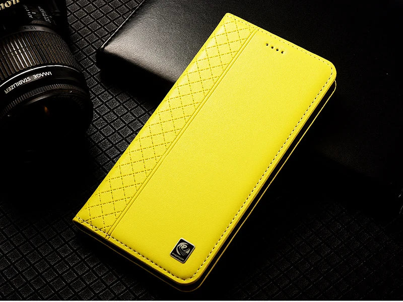 For OnePlus Nord 5 CE5 5G Flip Case Grid Pattern Magnetic Cover Luxury Cowhide Genuine Leather Card Pocket Wallet Cases Covers