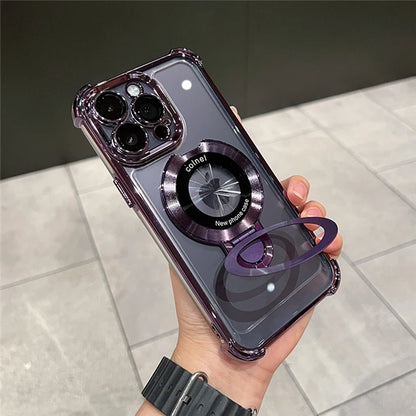 For iPhone 16 Pro Max Luxury Transparent Holder Stand Plating Frame Phone Case For iPhone 13 14 15 Plus 17 Air Protective Cover