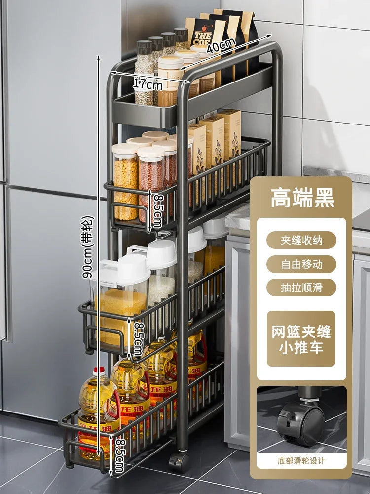 Side of Refrigerator Storage Rack Ultra Narrow Pull-out Seasoning Rack Multifunctional Bathroom Shelf with Pulley Kitchen Cart