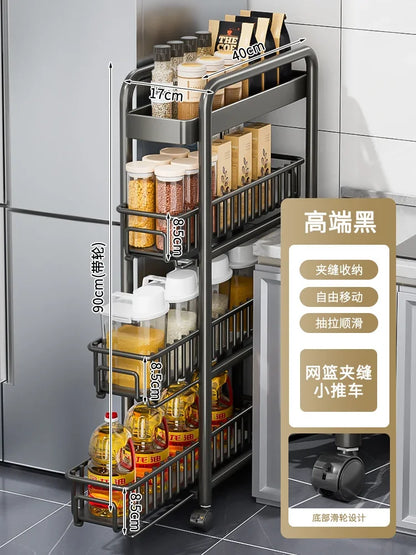 Side of Refrigerator Storage Rack Ultra Narrow Pull-out Seasoning Rack Multifunctional Bathroom Shelf with Pulley Kitchen Cart