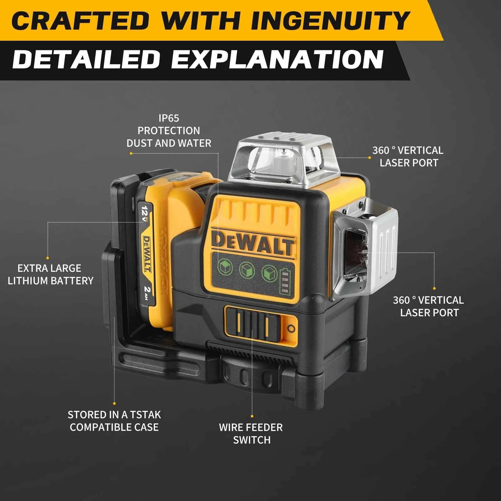 DEWALT DW089 12V Li-Ion Laser Level 12 Line 3×360°Vertical Horizontal Self Levelling Green Beam for Indoor Outdoor Building Work