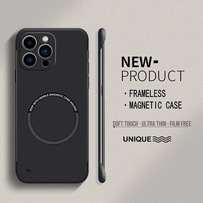 Ultra-thin hard PC magnetic frameless MagSafe case for iPhone 15/14/13/12, matte finish, fingerprint-resistant