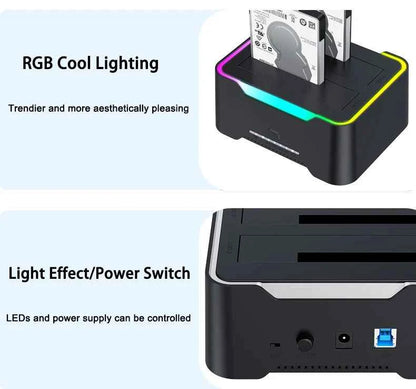 2.5 3.5 Inch Dual Disk SATA Hard Drive Dock USB3 RGB Lights USB C 3.1 12V 3A
