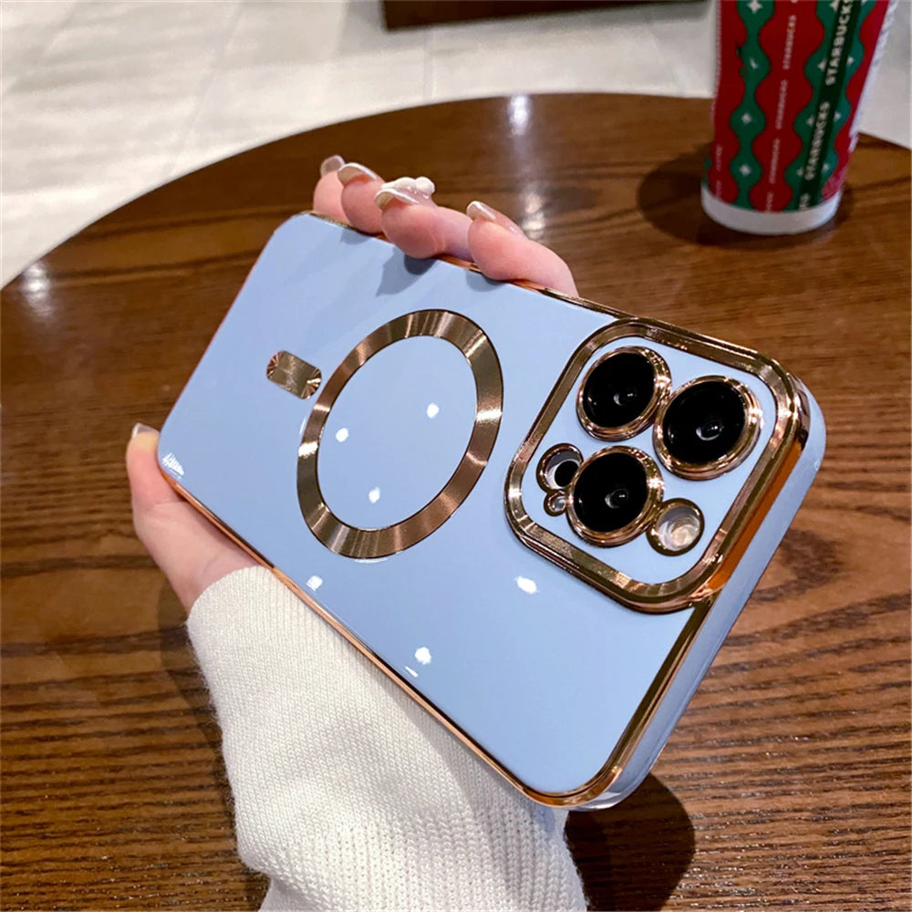 Luxury Plating Solid Color Magnetic Wireless Charge Case For iPhone 11 12 13 14 15 16 17 Air Pro Max Plus Shockproof Soft Cover