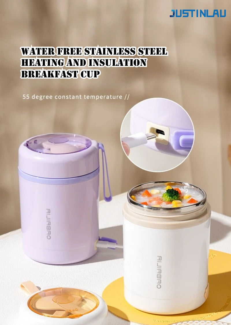 JUSTINLAU 600ML USB Electric Heating Lunch Box 304 Stainless Steel+PP Portable Food Warmer with Spoon for Working&camping Use