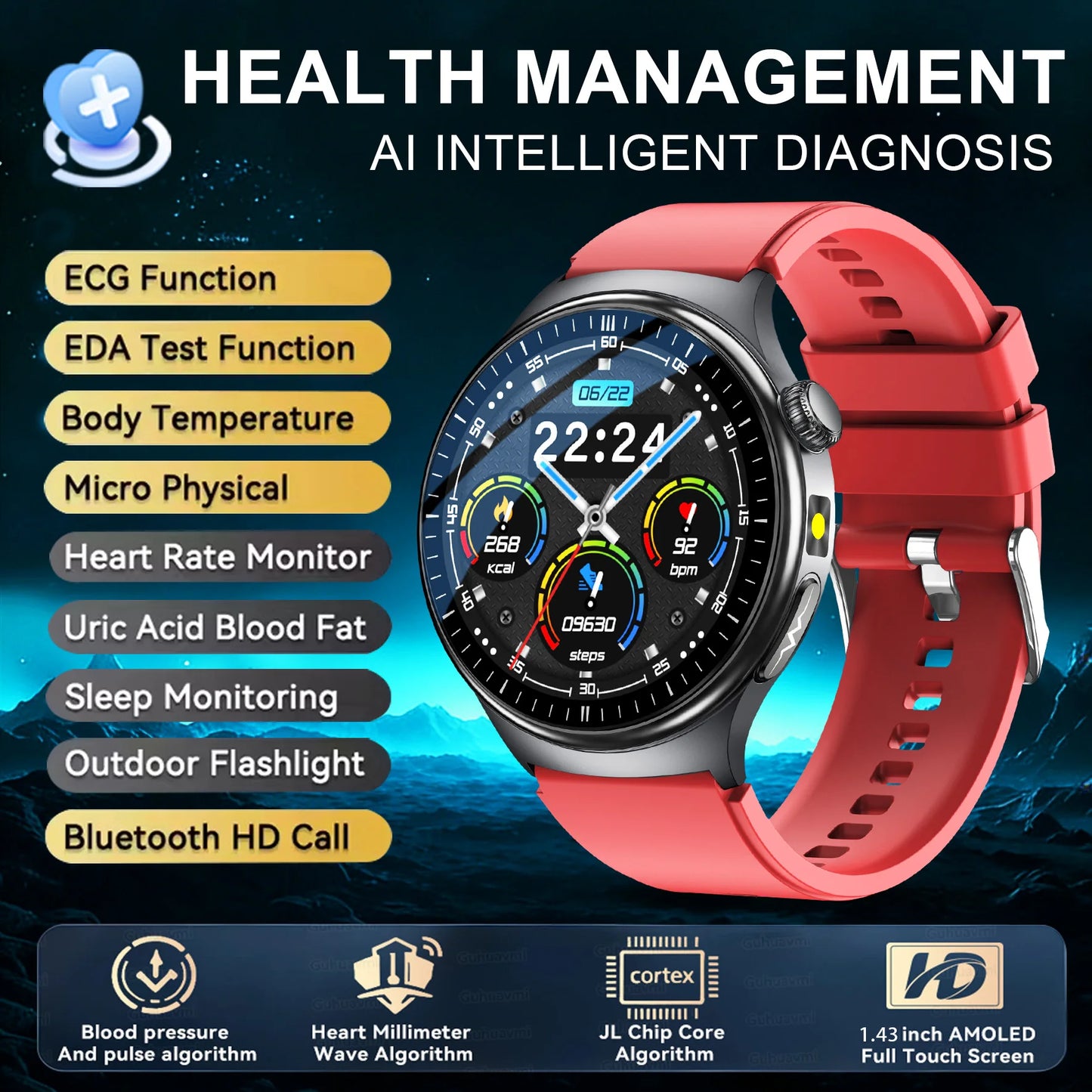 2026 New upgrade Health Check Smart Watch ECG Blood Lipid Uric Acid Body Fat BP Sport Waterproof HD Call Smart Watch Man Women