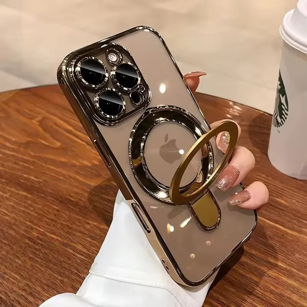 Luxury For Magsafe Bracket Case For iPhone 16 15 14 13 12 11 17 Pro Max 15 Plus Magnetic Ring Stand Holder Clear Acrylic Cover