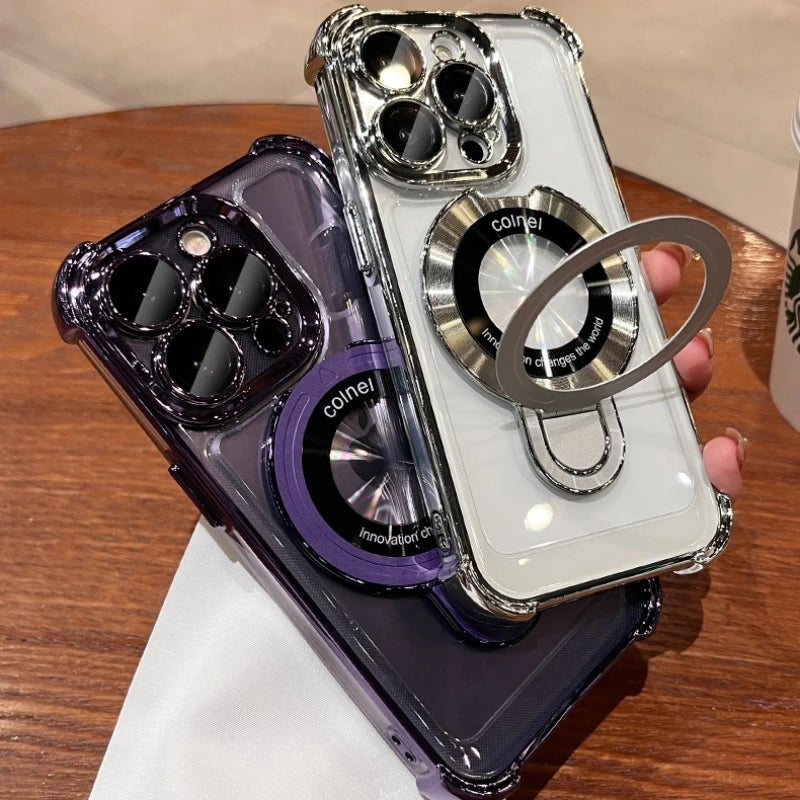 For iPhone 16 Pro Max Luxury Transparent Holder Stand Plating Frame Phone Case For iPhone 13 14 15 Plus 17 Air Protective Cover