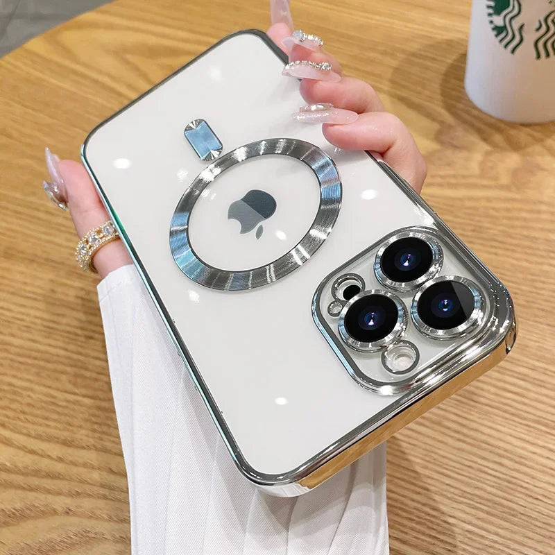 Plating For Magsafe Magnetic Phone Case For iPhone 16 15 14 13 12 11 Pro Max 16 Plus Wireless Charging With Lens Protector Cover