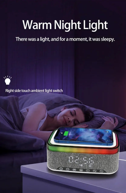 New Smart 6-in-1 Bluetooth Speaker 60W Wireless Charger Bedhead Night Light Alarm Clock LED Clock with FM Radio Music Cente