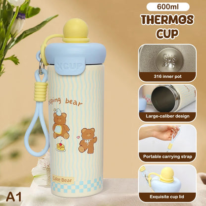 ♥Cartoon Animal Float Ball Water Bottle - 316 Stainless Steel Insulated Tumbler with Straw & Carry Strap for Kids and Students