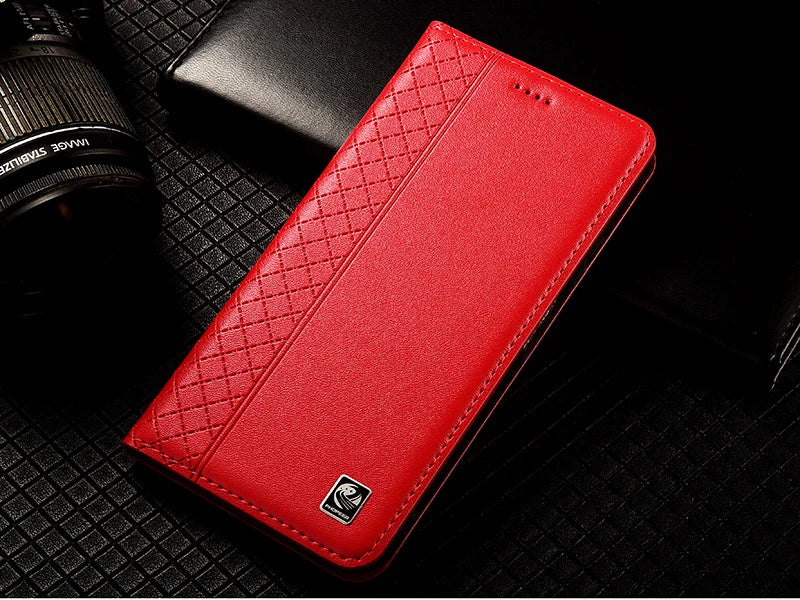 For OnePlus Nord 5 CE5 5G Flip Case Grid Pattern Magnetic Cover Luxury Cowhide Genuine Leather Card Pocket Wallet Cases Covers