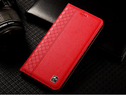 For OnePlus Nord 5 CE5 5G Flip Case Grid Pattern Magnetic Cover Luxury Cowhide Genuine Leather Card Pocket Wallet Cases Covers