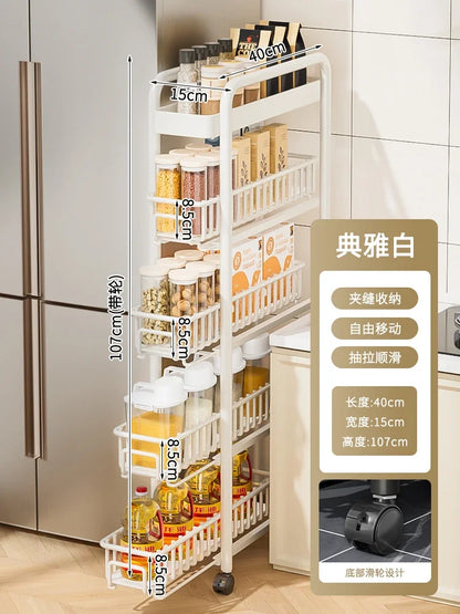 Side of Refrigerator Storage Rack Ultra Narrow Pull-out Seasoning Rack Multifunctional Bathroom Shelf with Pulley Kitchen Cart