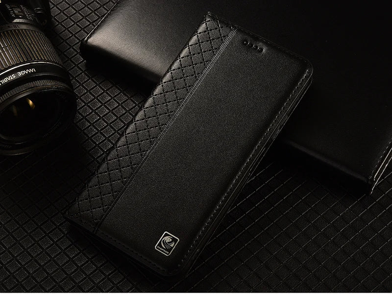 For OnePlus Nord 5 CE5 5G Flip Case Grid Pattern Magnetic Cover Luxury Cowhide Genuine Leather Card Pocket Wallet Cases Covers