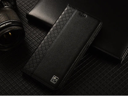 For OnePlus Nord 5 CE5 5G Flip Case Grid Pattern Magnetic Cover Luxury Cowhide Genuine Leather Card Pocket Wallet Cases Covers