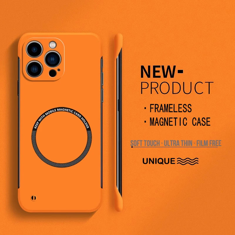 Orange matte ultra-thin hard PC magnetic frameless iPhone case with circular back card holder and MagSafe