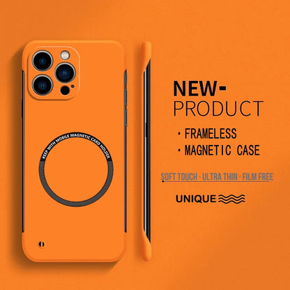 Orange matte ultra-thin hard PC magnetic frameless iPhone case with circular back card holder and MagSafe
