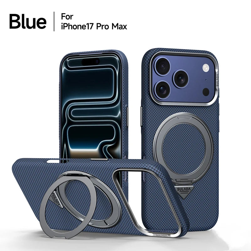 Alloy Lens 360 Rotating Bracket Magnetic Case for iPhone 17Pro Max 16 pro Carbon Fiber Texture Wireless Charge Frosted PC Cover