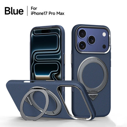 Alloy Lens 360 Rotating Bracket Magnetic Case for iPhone 17Pro Max 16 pro Carbon Fiber Texture Wireless Charge Frosted PC Cover