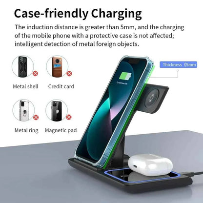 Foldable Dock Station 3 In 1 Wireless Charger Stand With LED 15W Phone Earbuds