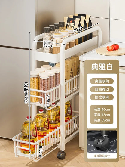 Side of Refrigerator Storage Rack Ultra Narrow Pull-out Seasoning Rack Multifunctional Bathroom Shelf with Pulley Kitchen Cart