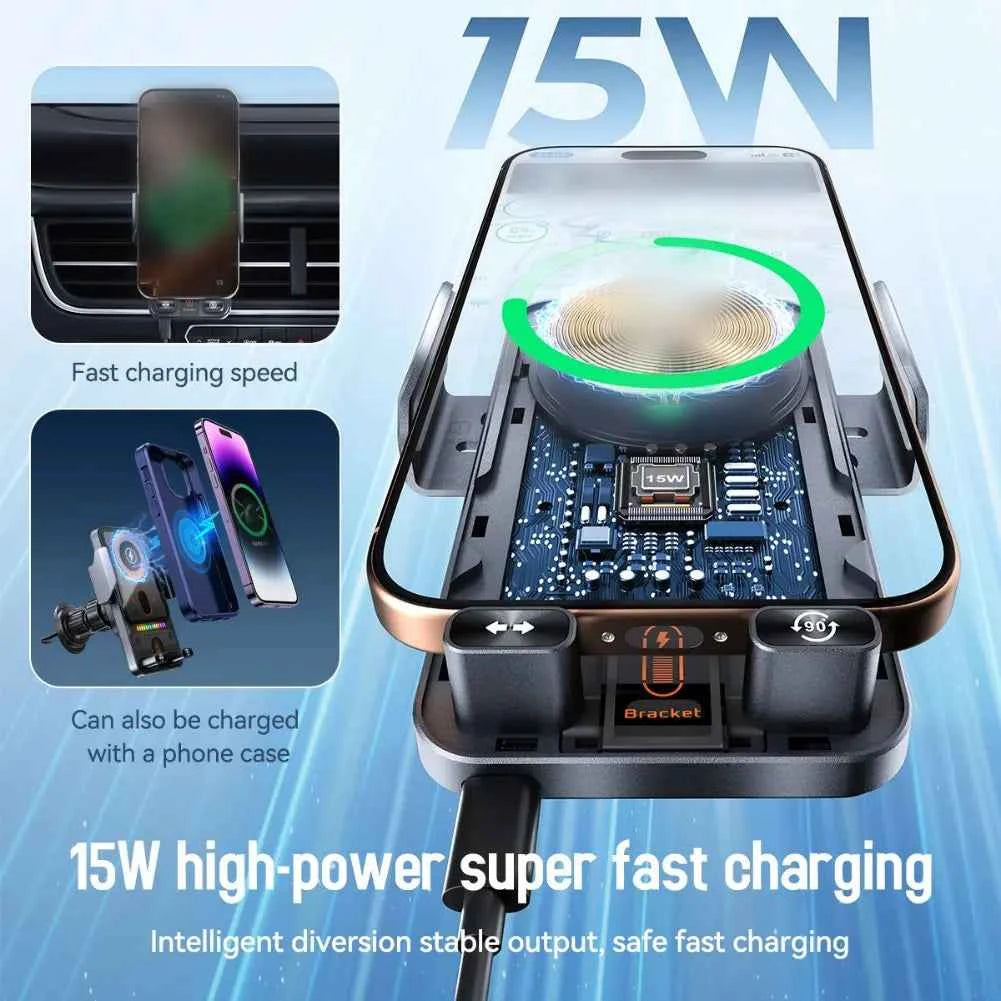 Car Wireless Charger 15W With Auto Clamping Phone Holder And Easy Operation