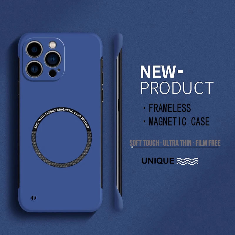 Blue ultra-thin MagSafe case with frameless edges and back magnetic ring for iPhone 15–11 Pro Max, matte finish.