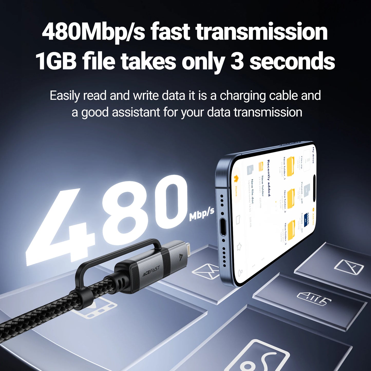 ACEFAST 2 in 1 MFi Certified USB-C to USB-C / Lightning Fast Charging PD60W Phone Cable For iPhone 16/15 Pro Max Wired Cord 1.2M