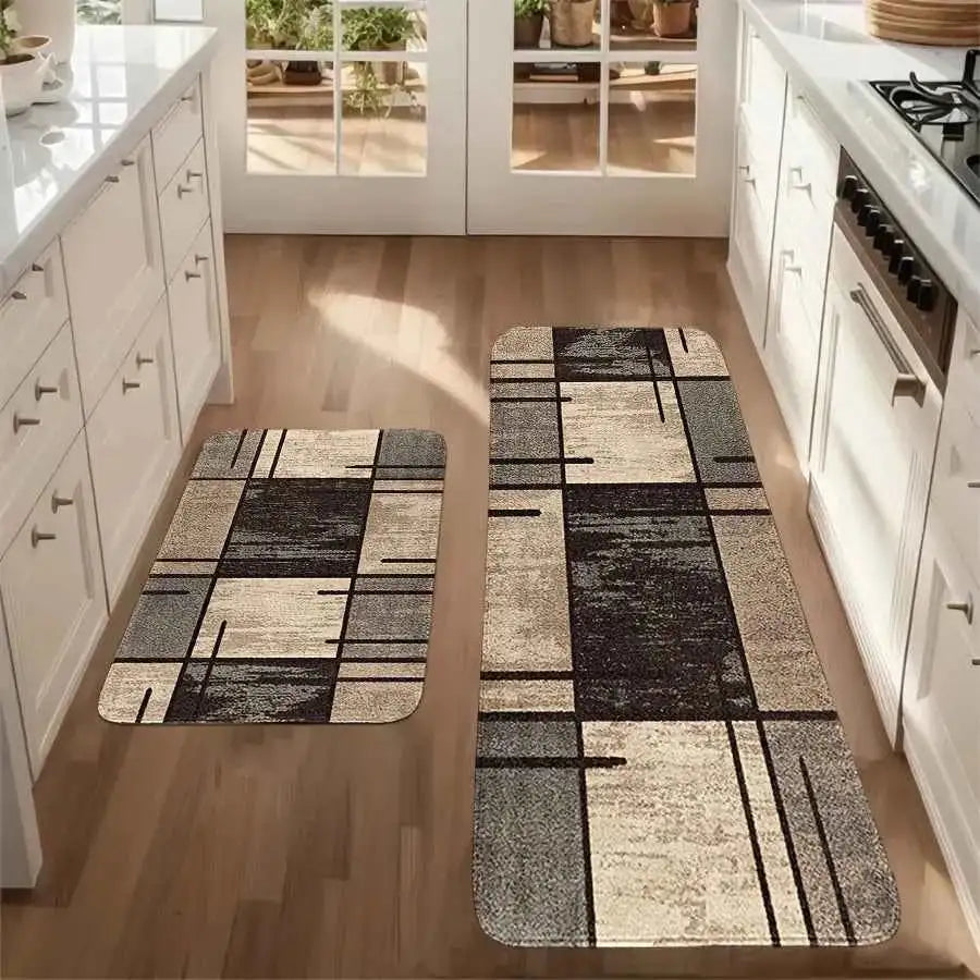Modern Brown Geometric Kitchen Mat Decor Non-Slip Hallway Balcony Laundry Room Rugs Bathroom Foot Pad Bedroom Door Mat Decor