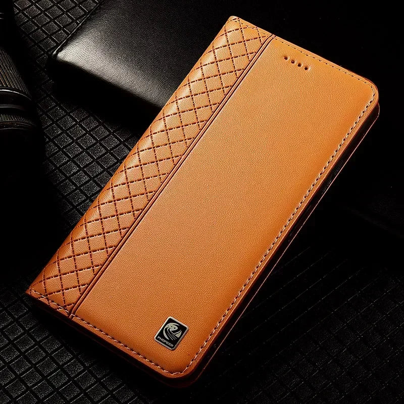 For OnePlus Nord 5 CE5 5G Flip Case Grid Pattern Magnetic Cover Luxury Cowhide Genuine Leather Card Pocket Wallet Cases Covers