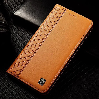 For OnePlus Nord 5 CE5 5G Flip Case Grid Pattern Magnetic Cover Luxury Cowhide Genuine Leather Card Pocket Wallet Cases Covers