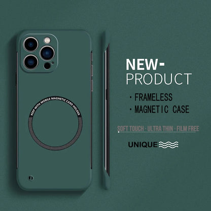 Matte green ultra-thin hard PC magnetic frameless case with rear ring magnet for MagSafe on iPhone 15/14/13/12