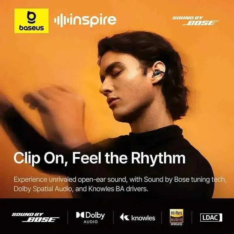 Baseus Inspire XC1 Ear Clip Wireless Bluetooth 6.1 Earbuds Hi-Res Open Earphones Earrings 4-Mics Clip On Ear Buds Sound By Bose