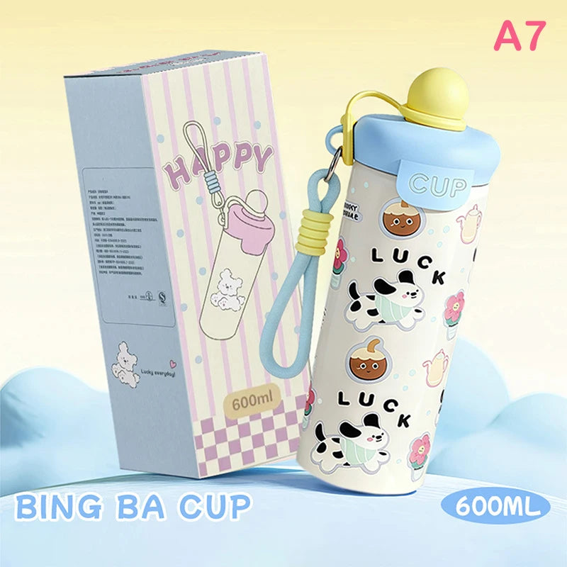 ♥Cartoon Animal Float Ball Water Bottle - 316 Stainless Steel Insulated Tumbler with Straw & Carry Strap for Kids and Students