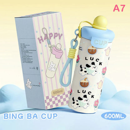 ♥Cartoon Animal Float Ball Water Bottle - 316 Stainless Steel Insulated Tumbler with Straw & Carry Strap for Kids and Students