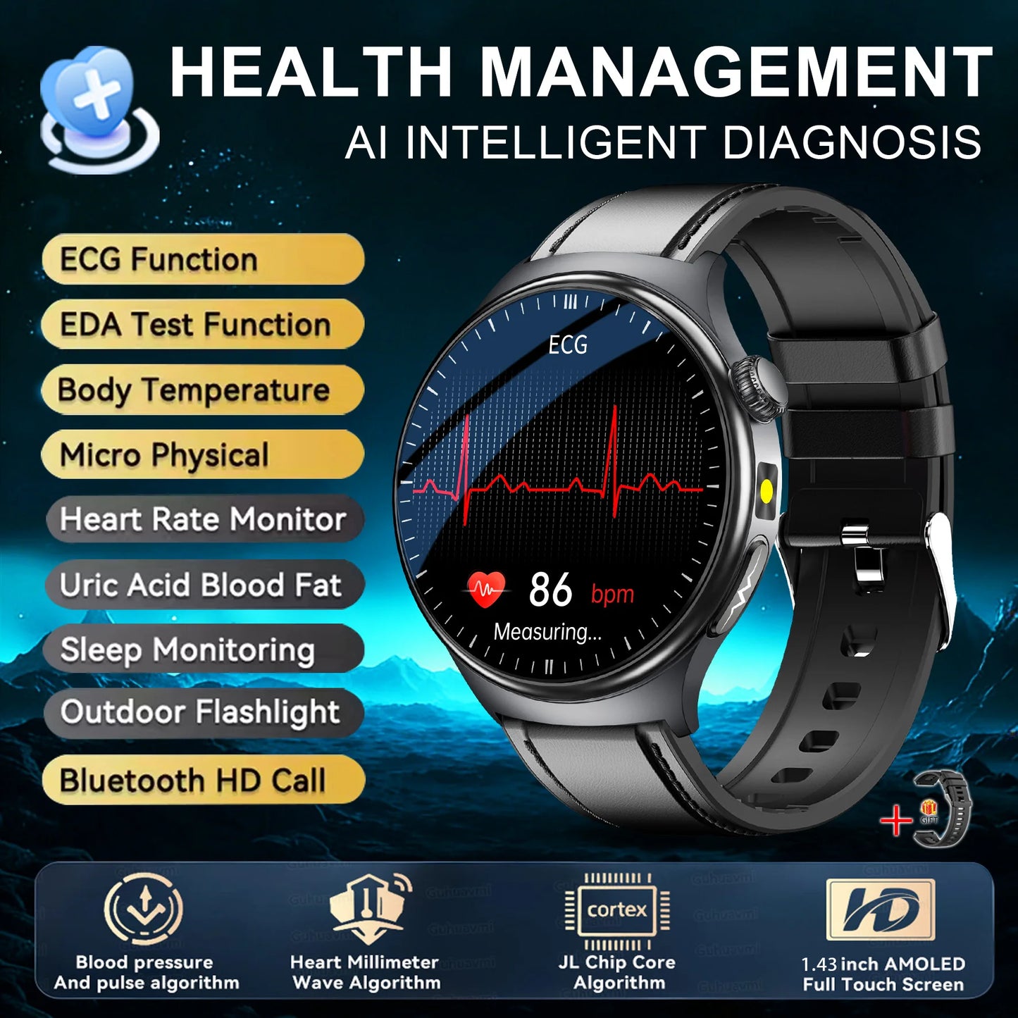 2026 New upgrade Health Check Smart Watch ECG Blood Lipid Uric Acid Body Fat BP Sport Waterproof HD Call Smart Watch Man Women