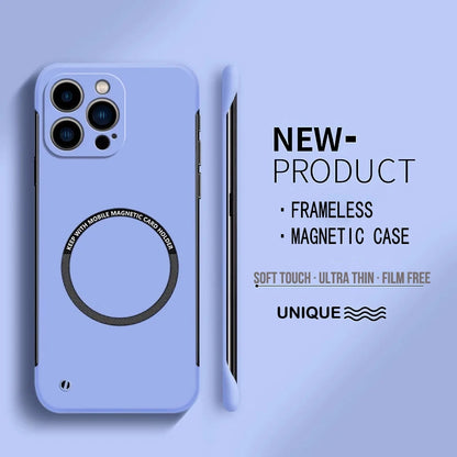 Blue ultra-thin hard PC magnetic frameless iPhone case with ring magnet for MagSafe, matte finish, anti-fingerprint.