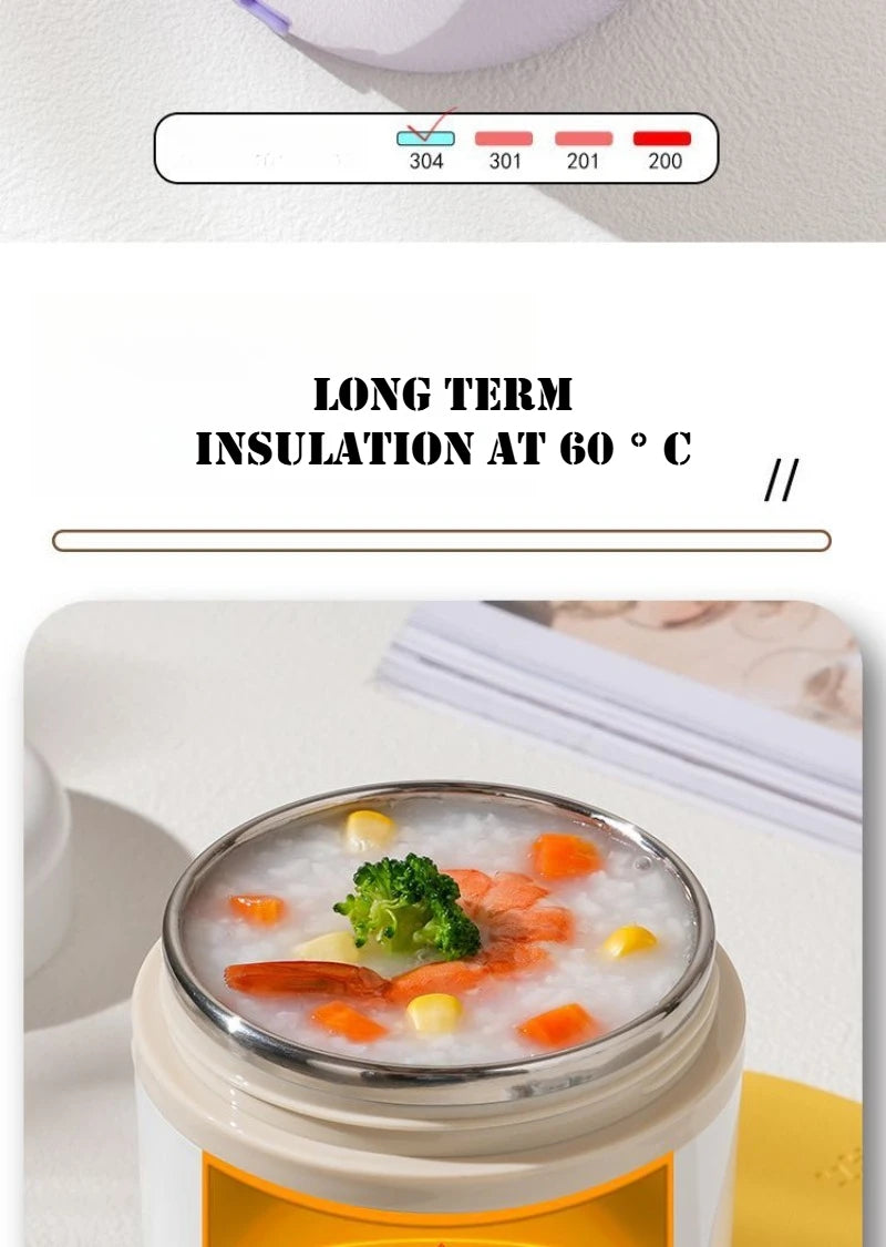 JUSTINLAU 600ML USB Electric Heating Lunch Box 304 Stainless Steel+PP Portable Food Warmer with Spoon for Working&camping Use