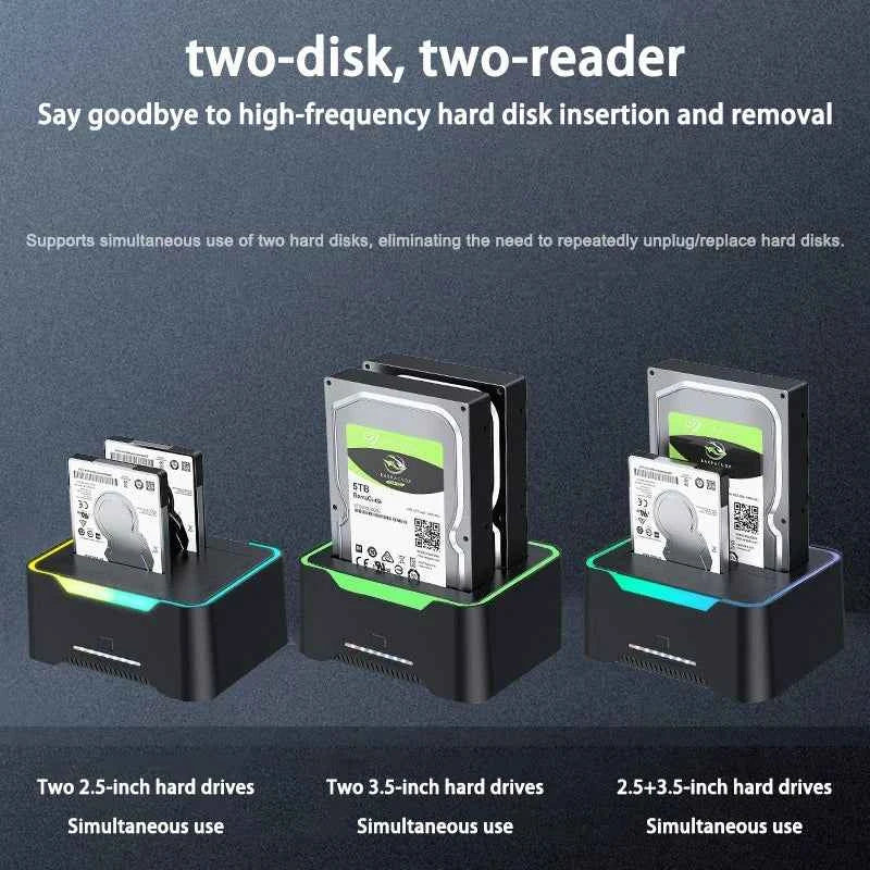 2.5 3.5 Inch Dual Disk SATA Hard Drive Dock USB3 RGB Lights USB C 3.1 12V 3A