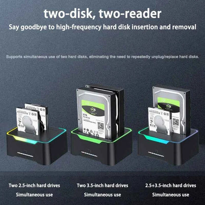 2.5 3.5 Inch Dual Disk SATA Hard Drive Dock USB3 RGB Lights USB C 3.1 12V 3A