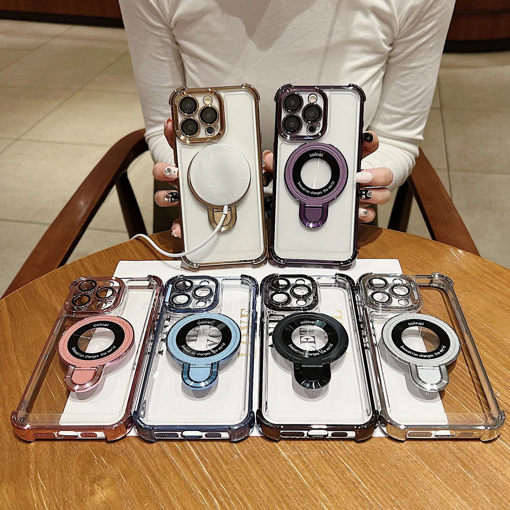 Fashion Plating Magnetic Bracket Case for iPhone 17 16 15 14 13 12 Pro Max Case With Holder Stand Shockproof Cover for Magsafe