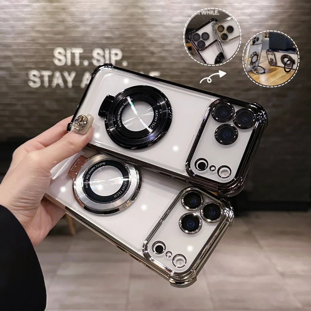 Luxury Shockproof Plating Bright Stand Case for iPhone 17 Air 16 15 14 13 12 11 Pro Max Plus X XS XR for Magsafe Magnetic Cover