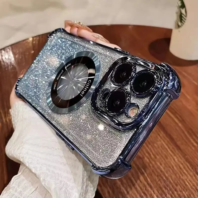 Luxury Magnetic Glitter Shockproof Case For iPhone 17 16 Pro Max 15 14 13 12 11 15 Plus Glass Lens Protection Acrylic Back Cover