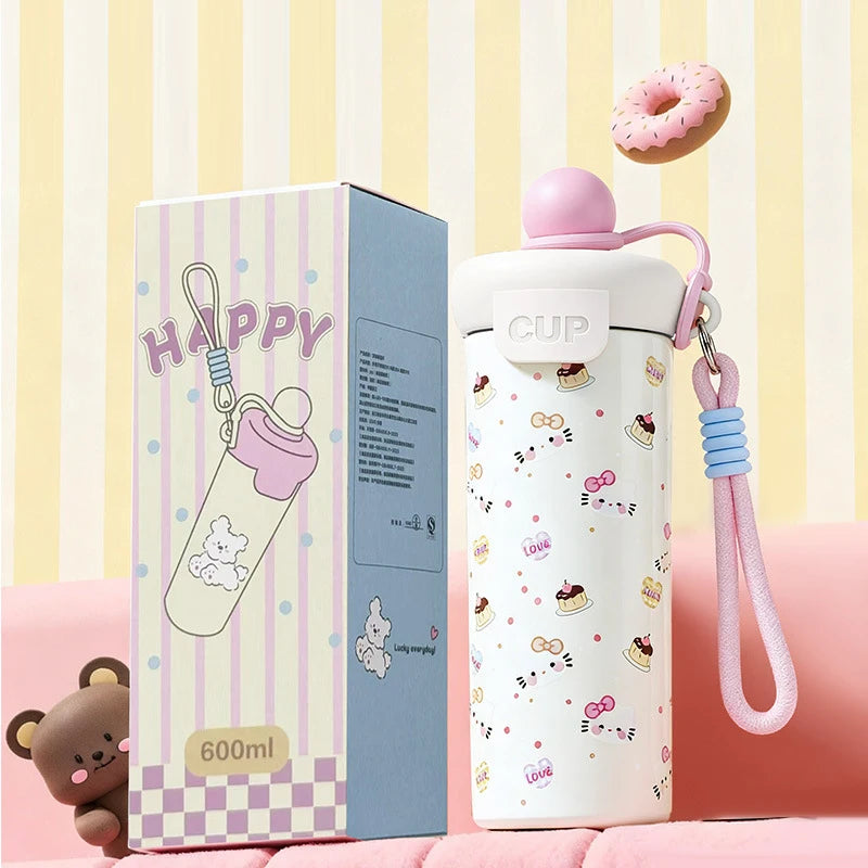 ♥Cartoon Animal Float Ball Water Bottle - 316 Stainless Steel Insulated Tumbler with Straw & Carry Strap for Kids and Students