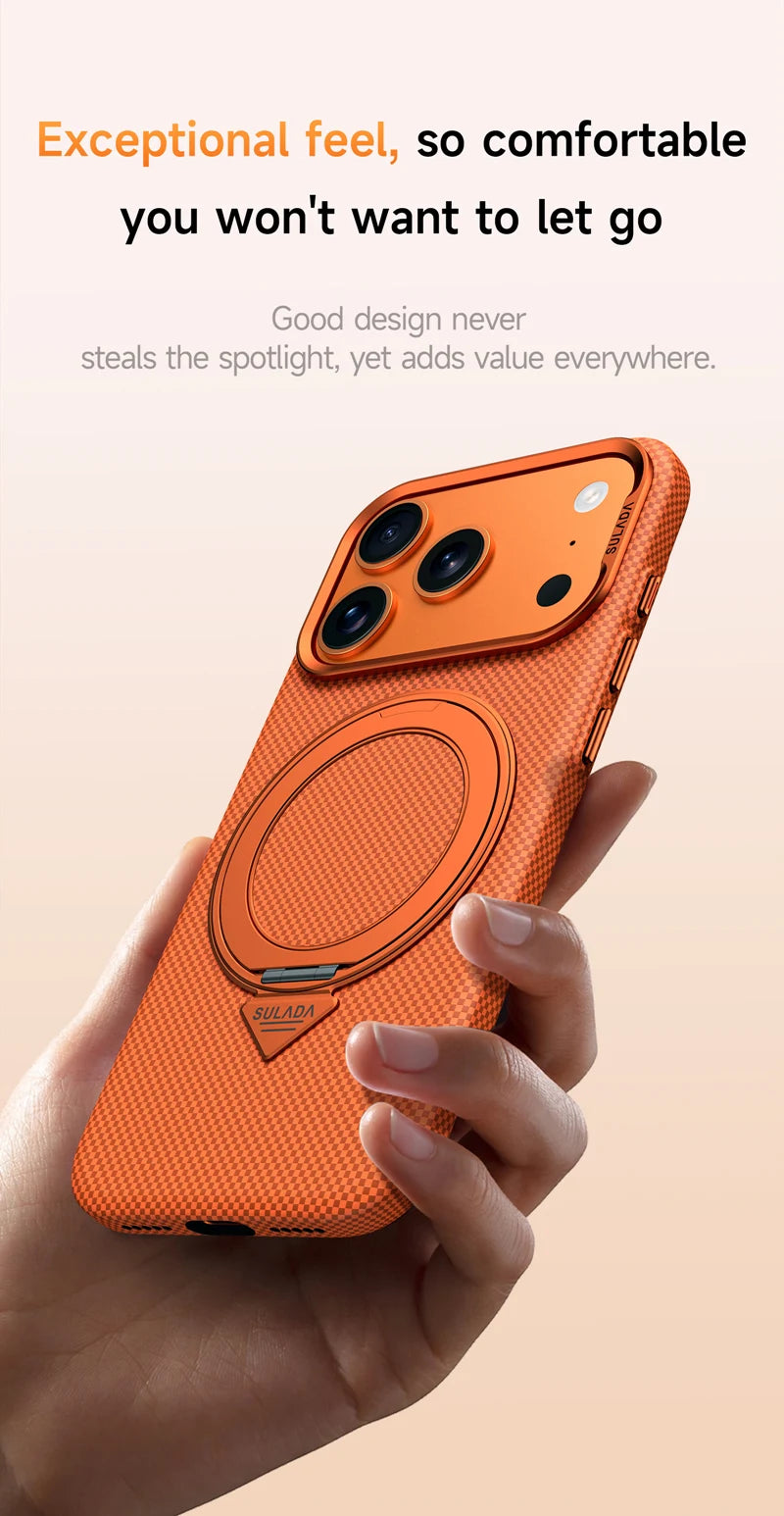 Alloy Lens 360 Rotating Bracket Magnetic Case for iPhone 17Pro Max 16 pro Carbon Fiber Texture Wireless Charge Frosted PC Cover