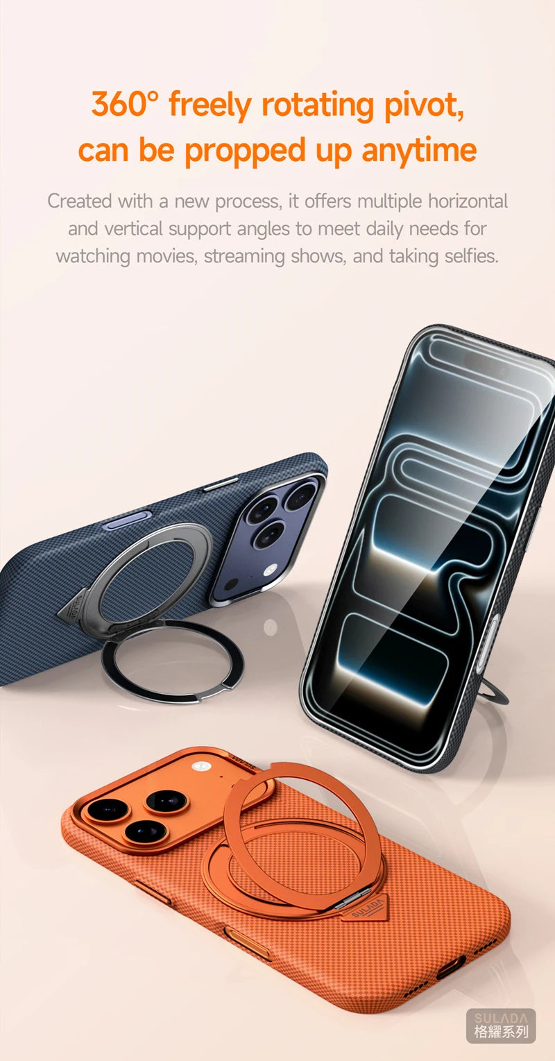 Alloy Lens 360 Rotating Bracket Magnetic Case for iPhone 17Pro Max 16 pro Carbon Fiber Texture Wireless Charge Frosted PC Cover
